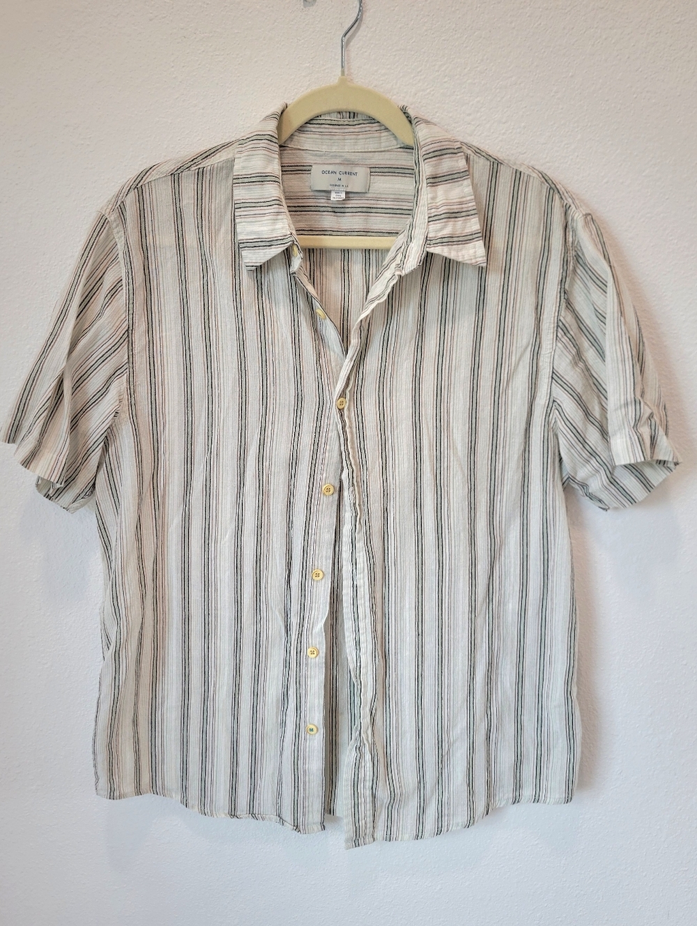 Ocean Current M Button Up Shirt White Green Pink Pinstripe Cotton Coastal